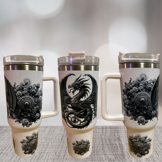 Dragon Black and White 40 oz stainless Tumbler with Handle